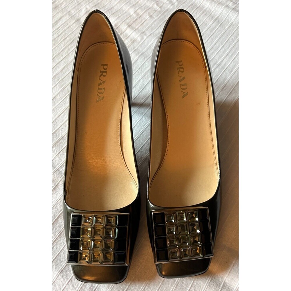 Prada Taffeta Glamour Patent Leather Womens Shoes Sz 37.5 EUR, 7 US Graphite Col